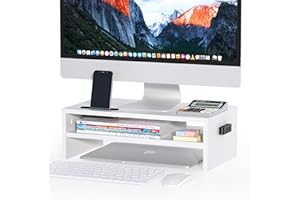BONTEC Wood Monitor Stand Riser, Desk Monitor Stand with Smartphone Holder, Ergonomic Laptop Stand with Cable Management for Computer, Notebook, iMac, PC, 2 Tiers Black (W420 x D235 x H142mm) White