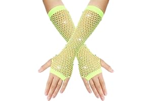Yolev Rhinestones Long Fishnet Fingerless Gloves Sparkly Glitter Fish Net Gloves for 80s Fancy Dress Party Costume