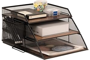 ZNMYDMT Briefablage aus Holz und Metall im Vintage-Stil, stapelbarer Schreibtisch-Organizer, Papierablage, für Akten, Zeitschriften, Post, mit Stifthalter (3 Stufen)