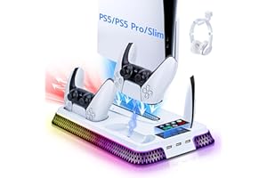 Mcbazel PS5/Slim & Pro Cooling Stand & Dual Controller Charging Station, PS5 Accessories with RGB Light & Headset Hook (Black)
