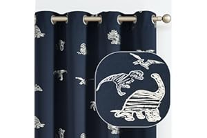 Vangao Verdunkelungsvorhänge, Dinosaurier-Vorhänge für Jungen, Kinderzimmer, Mädchenzimmer, silberfarbener Dino-Foliendruck, wärmeisoliert, Ösen, Fenstervorhänge, 213 cm lang, 2 Paneele