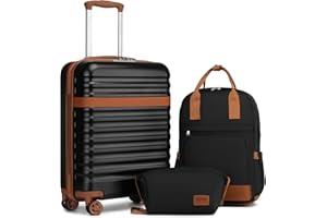 Kono Suitcase & Travel Bags Carry On Hand Luggage ABS+PC Hardshell Trolley with TSA Lock and 4 Spinner Wheels (Black/Brown, 20 Inch Luggage Set)