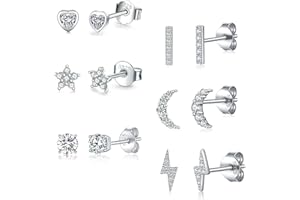 USEEDOVIA Silver Stud Earrings for Women, 6 Pairs 925 Sterling Silver Small Stud Earrings Star Moon Ball Heart Flower Bar Round Cross Studs Earrings Set Cubic Zirconia Studs Jewelry Gift for Teens Girls