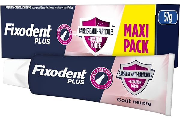 Fixodent Plus, Crème Adhésive Pour Prothèses Dentaires, Barrière Anti-Particules, Maxi Pack, Goût Neutre, 57g