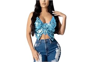 WanWorlder Damen Shimmer Pailletten Crop Top Bauchtanz Kostüm BH Pailletten Bustier Oberteil Tanz Top Schmetterling Shirt Rückenfrei Frauen Indische Griechisches Musikinstrument