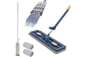 HIDRUO Großer Flachmopp, Eigenständiger Entwässerungsschabermopp, 360° Edelstahl-Langstielmopp für Hartholz Laminat Fliesen Bodenreinigung (Blue Mop + 2Pcs Rag)