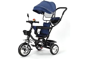 KEDIA Dreirad 4 in 1 Aveo, Kinderdreirad, Jogger mit Zubehör, Klappbar, Dachfenster, Lenker, Unplattbar-Räder, Gummiräder, ab 9 Monate bis 5 Jahre, Zubehör, (Blau)