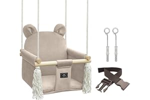 NATILU® Balançoire Bébé Ours Beige Velvet Set avec Ceinture de Sécurité Crochet Anneaux | Balancoire Bebe | Balancoire Exterieur Interieur | Balancoire Enfant | Siege Bebe Balancoire | Fabriqué en UE
