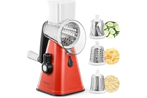 Rotary Cheese Grater, Reemix Rotary Vegetable Slicer, Rotary Kitchen Mandoline Vegetable Slicer with 3 Replaceable Stainless Steel Blades (Red)