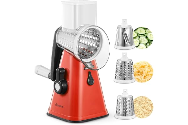 Râpe à Fromage Rotative, Reemix Coupe Legumes Multifonctions avec 3 Lames de Tambour Détachables, Râpe à Légumes Facile à Nettoyer pour une Coupe Rapide et Différente, Forte Aspiration (Rouge)