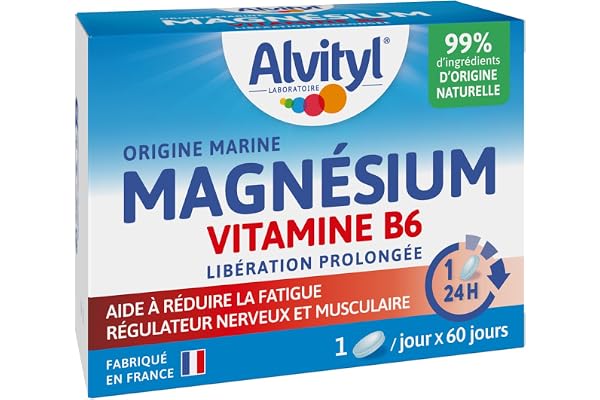 Alvityl Magnésium 300mg + Vitamine B6 - Libération Prolongée - Diffusion lente et progressive - Magnésium d'origine Marine - Stress, Fatigue, Irritabilité - Fabriqué en France - Comprimés 60 jours