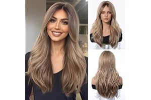 ‎ESMEE Esmee Lange Gerade Ombre Blonde Perücke für Frauen mit Vorhang Pony Natürliche Synthetisches Haar Perücken für den täglichen Gebrauch Party