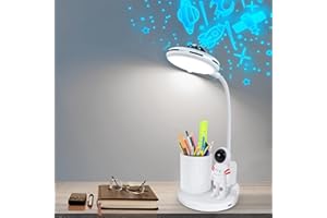 VUENICEE Lampada da Scrivania LED, Lampada da Scrivania Bambini con Portapenne e Proiezione, Lampada da Tavolo USB Ricaricabile, Dimmerabil Rotazione a 360°, per Lettori di Notte, Bambino, Studio