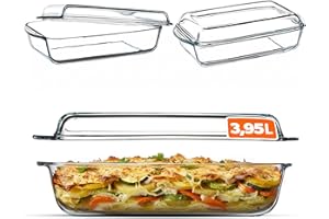KADAX Fuente de horno, Cacerola con Tapa, Fuente de Cristal para asar, Lasaña, con Mangos, Bandeja de Cocina de Vidrio, Aptas para Nevera y Congelador, transparente (Rectangular, 3.95l)