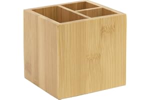 OSCO Bambusowy kwadratowy pojemnik na długopisy z 3 przegródkami, drewniany uchwyt na długopisy na biurko, organizer biurowy, przechowywanie makijażu, ekspozycja kosmetyków, wys. 10 x szer. 10,5 x