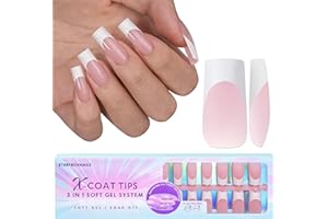 BTArtbox French Tip False Nails - Long Square Nail Tips, XCOATTIPS Press on Nails, Pre-applied Tip Primer & Base Coat Cover, Pink Soft Gel Fake Nails for Nail Extension