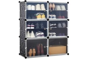 Meerveil Rangement Chaussure, Armoire à Chaussures, Étagère à Chaussures avec 6 Cubes en Plastique, Meuble à Chaussure pour Bottes, Boite à Chaussures Empilable Transparente, 83x31x93cm, Noir