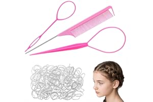 Aiweijia Hair Braiding Kit, Hair Braiding Tool with Rat Tail Comb, 2 Hair Braid Tools and tail comb with 100 Pcs Hair Elastic Bands For Women Girls Pink
