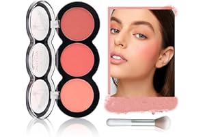 GEEWHILE Blushers For Cheeks Make Up, Tricolor Blush Palette with Fiber Brush, Natural-Looking & Long-Lasting Contour Palette, Nude Fine Blush for Women, Skin-friendly Blends Easily Powder Blush