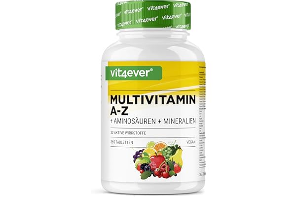Multivitamine A-Z - 365 comprimés (12 mois) - 32 principes actifs - Combinaison de minéraux + acides aminés + oligo-éléments + extraits de plantes - Vegan - Fortement dosé