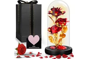 UCAMP Rosa Eterna con LED,Bella e La Bestia Rose Eterna,Galaxy Rose,Kit Regalo Rosa,Cupola in Vetro,Base in Legno,1 Biglietto d'Amore,per Mamma,Donne,Natale,Matrimonio,Anniversario,Festa della Mamma