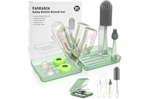 ORAGKE Flaschenbürste Baby Unterwegs, Silikon Babyflaschen Reiniger, Reise Set inkl. Seifenspender, Trockenständer, Etui & Bürste für Flaschen, Sauger, Stroh, ideal für Zuhause & Reisen (Salbei grün)