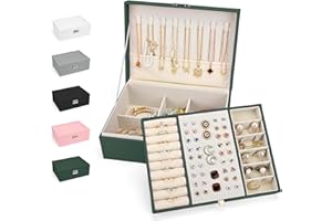Duemste Jewellery Box Organiser for Ladies Large PU Leather Jewellery Gift Storage with Removable Tray Double Layer Jewellery Storage Case for Earring Necklace Watch,Dark Green