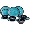 Xtremeauto 12pc Dinner Set Plates and Bowls Set - Dinnerware Sets Melamine Bowl, Plate Crockery Plate Set Dining Tableware Dishes, Dishwasher Safe Set Caravan (Granite Aqua 12pc Set)