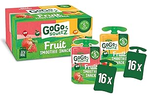GoGo squeeZ Fruit Smoothie Snack, Apple Strawberry and Multifruit 32x90g, 100% Real Fruit Blend, 20 x 90g Pouches, Snack for Kids & Adults, Gluten-Free, Vegan, No Added Sugar, School Lunchbox Friendly