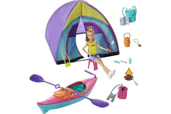 Barbie Team Stacie Doll & Accessories Set with Toy Tent, Kayak & 15+ Pieces for Kids 3 to 7 Years Old