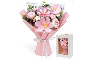 AIGOCITY Crochet Flowers Bouquet,Hand Knitted Rose Crochet Flower Bouquet for Home Decor Anniversary Weddings Birthdays Mother's Day with Gift Bag and Greeting Card, Pink