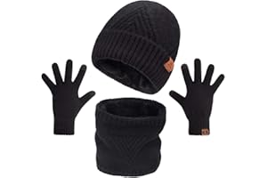 Maylisacc 3 Pcs Slouch Beanie Hiver Thermal Snood Écharpe et Gants Tactile Écran Hommes Femmes avec Épaisse Polaire Doublure