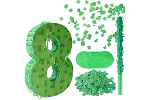 SAVITA Number Mini Pixel Piñata, Green Pixel Birthday Party Decorations with Stick Blindfold Confetti Piñata Party Set for Birthday Decorations (8)