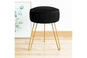 LUE BONA Pleated Vanity stool, Velvet Round Dressing Table Stool, Footrest Ottoman with Golden Steel Legs for Living Room, Bedroom, Black