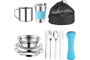 HENGRONGSHEN Posate da Campeggio, 10 Pezzi Gavetta Scout Portare Piatti, Ciotole, Tazze, Forchette, Cucchiai e Sacchetti per Posatekit Campeggio Adatto per Viaggiare, Fare Escursioni, Fare Picnic (Blu)