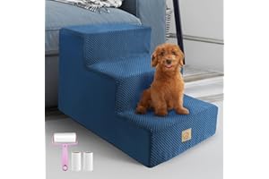 MIDOUAUTOUK Dog Ladder Stair for High Bed, 3-Step Dogs Steps with High Density Foam, Non-Slip Dog Stairs with Washable Fabric Cover for Small Older Injured Dogs Cats, 1 Lint Roller Gift, Blue