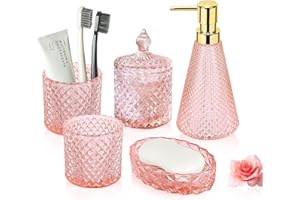GOLDMEET 5 Stück Glas Badezimmer Zubehör Sets, Seifenspender Set mit Seifenspender, Seifenschale, Zahnbürstenhalter, Wattestäbchen Kanister, Becher, Badezimmer Deko Set, Badezimmer Organizer (rosa)