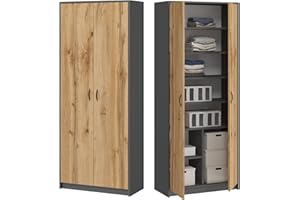‎HOME COLLECTIVE Home Collective Kleiderschrank Mehrzweckschrank Regal grau 74cm breit 180cm hoch mit sechs Einlegeböden und Extra-Fach, Aktenschrank Haushaltsschrank Schrank Organizer aus Holz