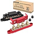 Mofeez Power Distribution Block Bus Bar, 4 x 3/8" Posts, 6 x #8 Screws Terminals, Max 48V 250A (Pair, Red & Black)