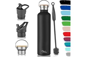 Milu kubek termiczny ze stali nierdzewnej na wynos 500ml, 750ml, 1000ml (+3 pokrywy) - termos butelka ze słomką, izolowana butelka na wodę, szczelna izolowana butelka dwuwarstwowa, gazowana (Czarny, 1000 ml)