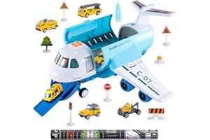 CI VETCH Airplane Toy with Smoke, Light & Sound, 16 Inches Big Transport Cargo Airplane Toy with 6 Construction Vehicle Trucks, Fricton Powered Airplane Toys Toddler Boy Toys for 3 4 5 6 Year Old