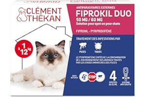 Clément Thékan - Anti-puces et Anti-tiques pour Chats - Protection 2 en 1 : Protège Votre Chat et Son Environnement - Actif Contre Les œufs de puces - 4 pipettes Fiprokil Duo (50mg/60mg)