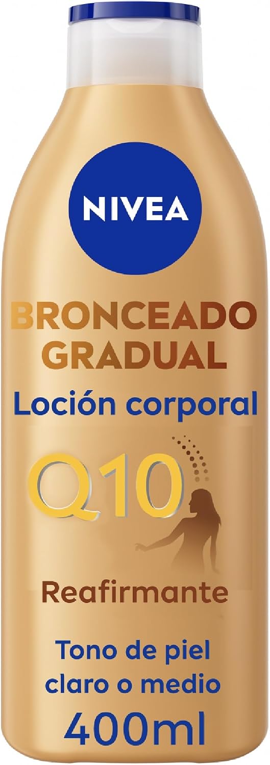 NIVEA Q10 Loción Corporal Reafirmante + Autobronceadora (400 ml), crema hidratante corporal con coenzima Q10, crema bronceadora para tono de piel claro a medio