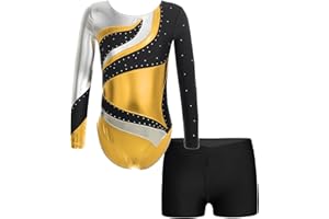 JanJean Kinder Mädchen Gymnastikanzug Glänzend Ballettanzug Langarm Turnanzug Ballett Trikot mit Kurze Hose Wettbewerb Tanzkostüm