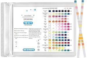 OMCGG 16 en 1 Tiras de prueba de agua potable, 60 Pruebas para la calidad del agua Prueba de dureza del agua potableAnálisis rápido PH Metales Pesados Nitrato Cloro Dureza para Grifo Acuario Piscina