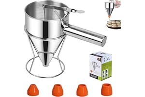 YUNXCNA Distributeur de Pâte 600 ml, Entonnoir a Piston Inox, Support et 4 Buses Différentes, Distributeur en Acier Inoxydable, Entonnoir de Cuisine en Acier Inoxydable pour, Crêpes, Gâteaux, Gaufres(Argenté)