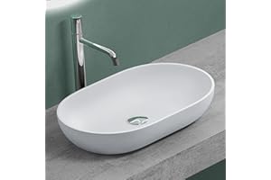 Mai & Mai Lavabo sobre Encimera Lavabo Baño | Ovalado | Blanco Mate | Mármol Fundido | 54x34x11cm | sin Orificio para Grifo sin Rebosadero | Colossum808