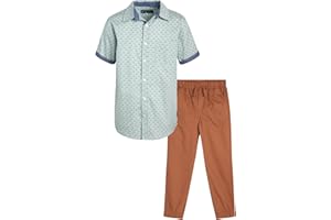 Ben Sherman Boys' Pants Set - Button Down Short Sleeve Shirt and Stretch Khaki Joggers - Kids' Clothing Set for Boys (8-12), Size 10, Blue Dots/Khaki
