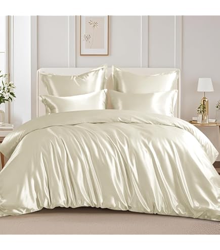 DXHOME Beddengoed satijn 200 x 200 cm goud beige glanzend zijde effen glad luxe glanzend satijn beddengoedset microvezel eenpersoons dekbedovertrek met ritssluiting en kussenslopen 80 x 80 cm
