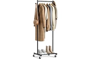 MISSLO Small Clothes Rail for Hanging Clothes Rack on Wheels 60" Metal Clothing Rail with Shelves Portable Free Standing Rolling Wardrobe Rack for Small Space, Black